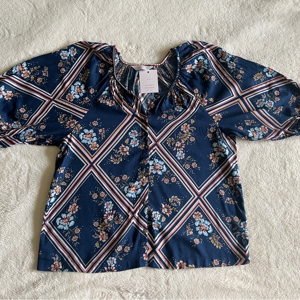 LC Lauren Conrad Navy Floral Blouse